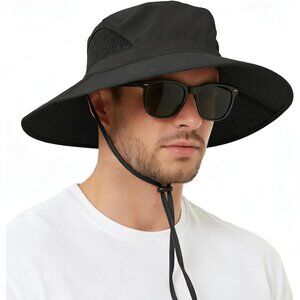 Unisex Black 100% Polyester Wide Brim Mesh Vents With Chin Strap Fishing Sun Hat
